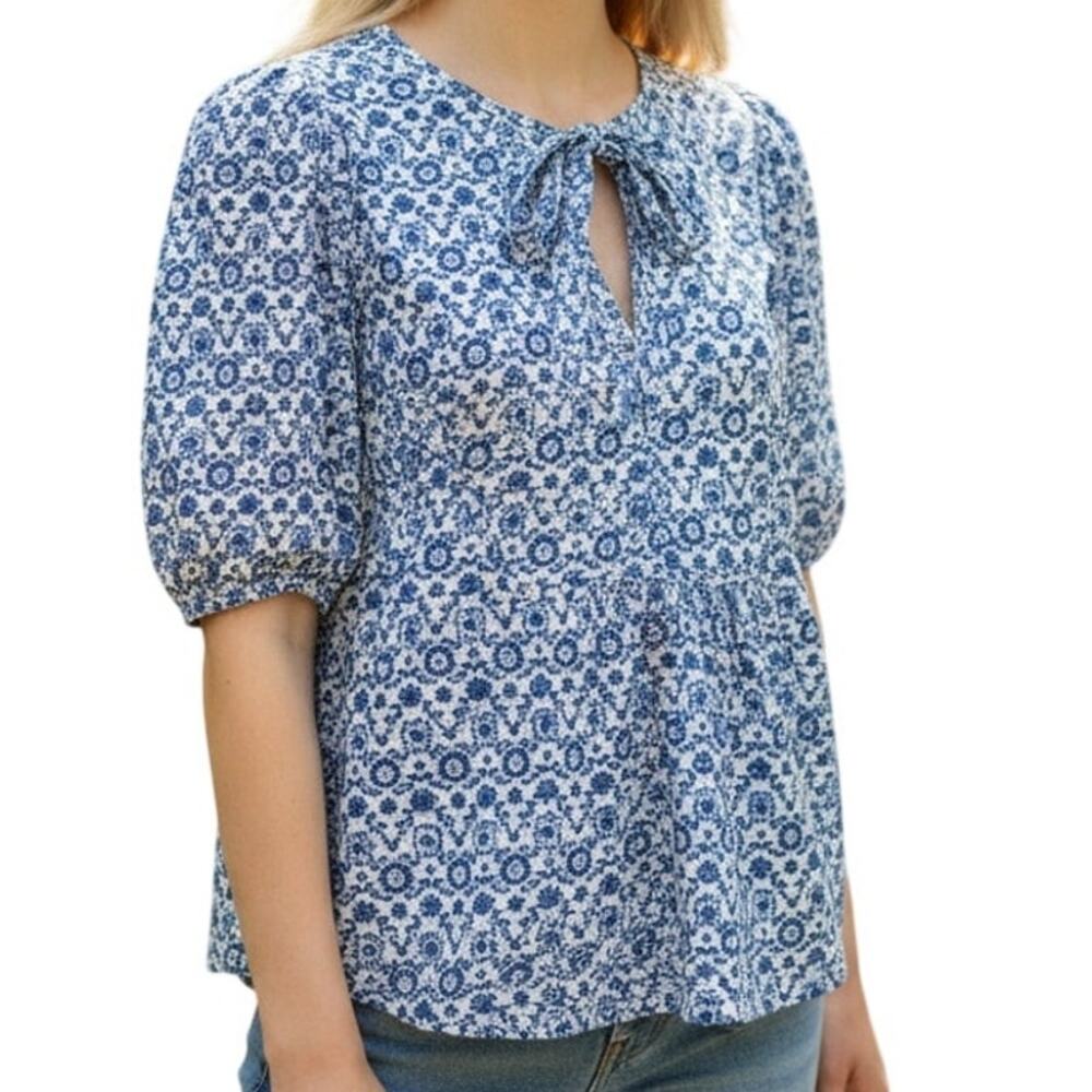 LOFT Peasant Top Womens Large Blue White & Black Tie Neck Boho Casual Blouse